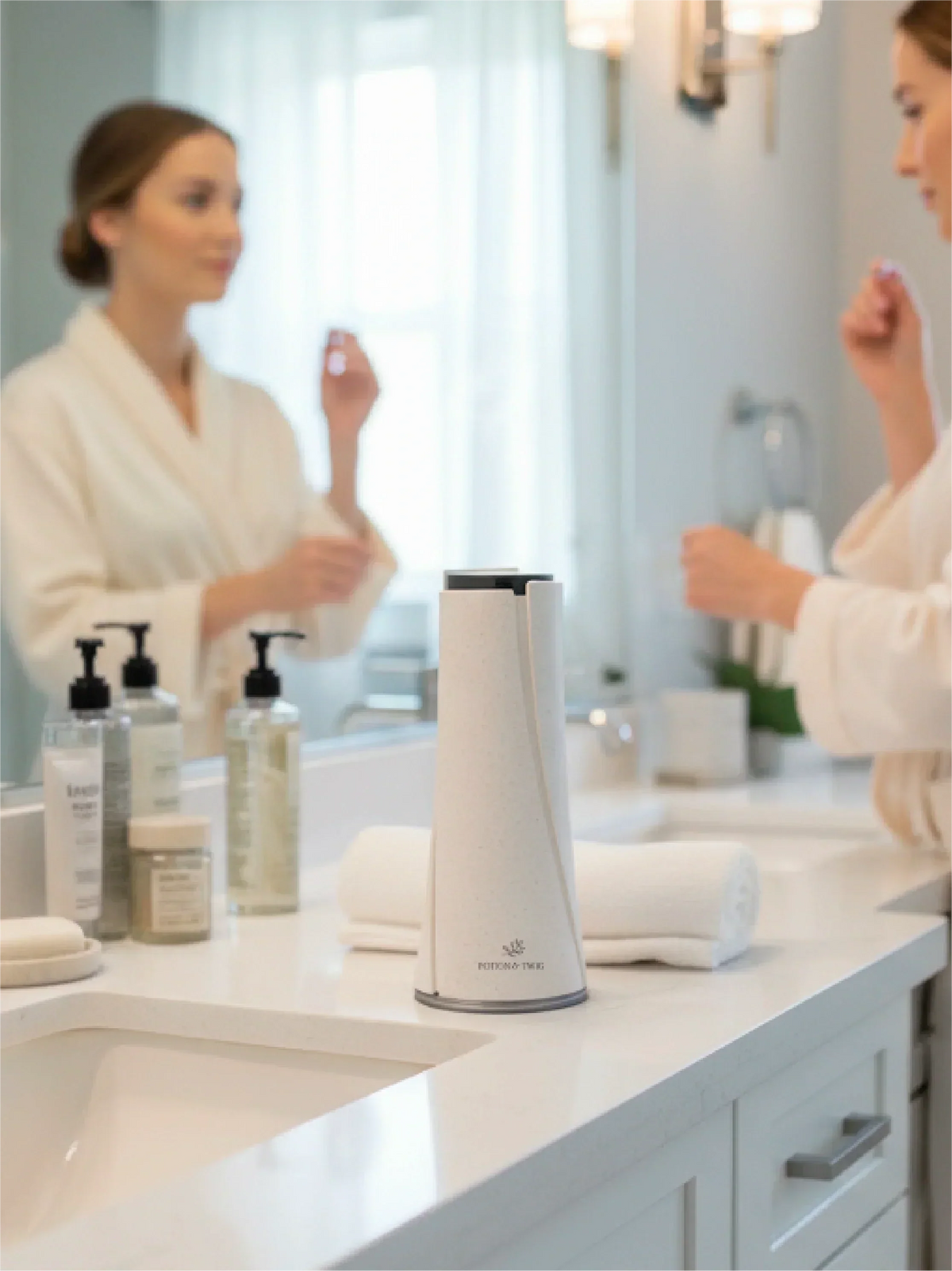 Lumen Smart Aroma Diffuser in a slim white tapered design with a black top and subtle logo