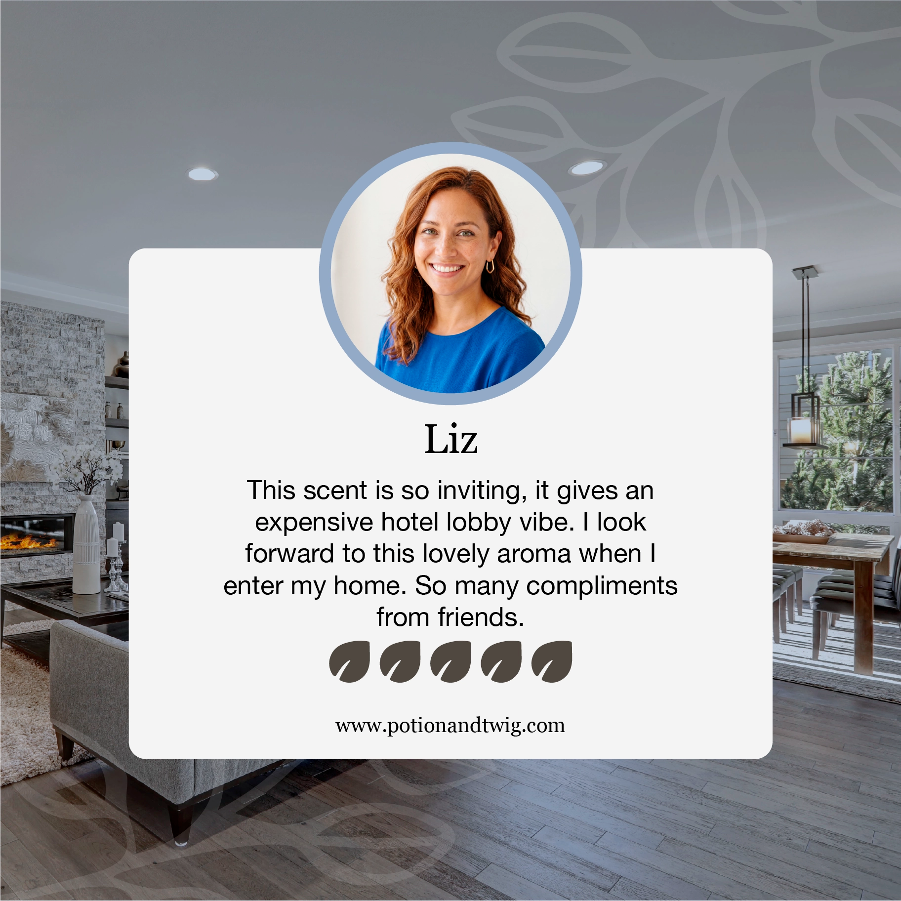 Advertisement with a woman's face and product description in a home setting