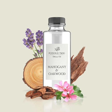 Bottle of Mahogany & Oakwood fragrance with notes of lavender, geranium, mahogany, cedar, and oakwood