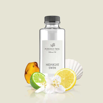 Bottle of Midnight Swim fragrance inspired by Ritz Carlton's Escapade with citrus and ocean notes