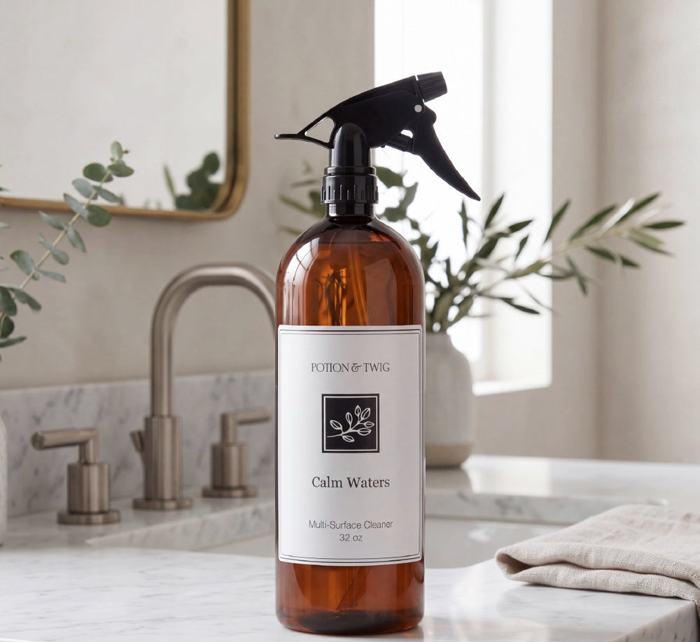 Bottle of 'Calm Waters' multi-surface cleaner on a bathroom counter with a mirror and plants in the background.
