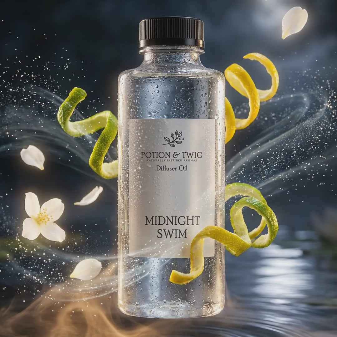 Video of fragrance notes around bottle of Midnight Swim diffuser oil