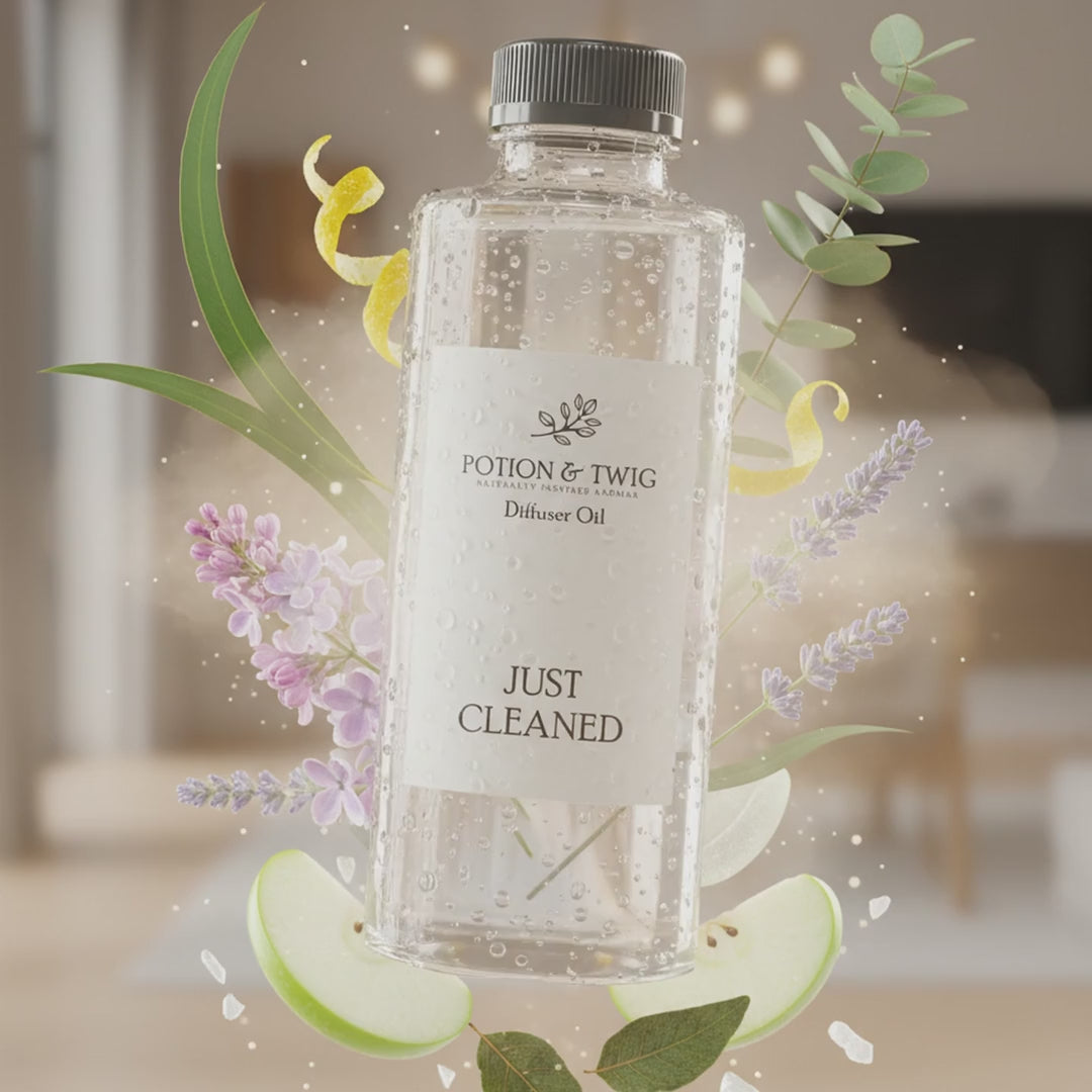 Video of fragrance notes around bottle of Just Cleaned diffuser oil