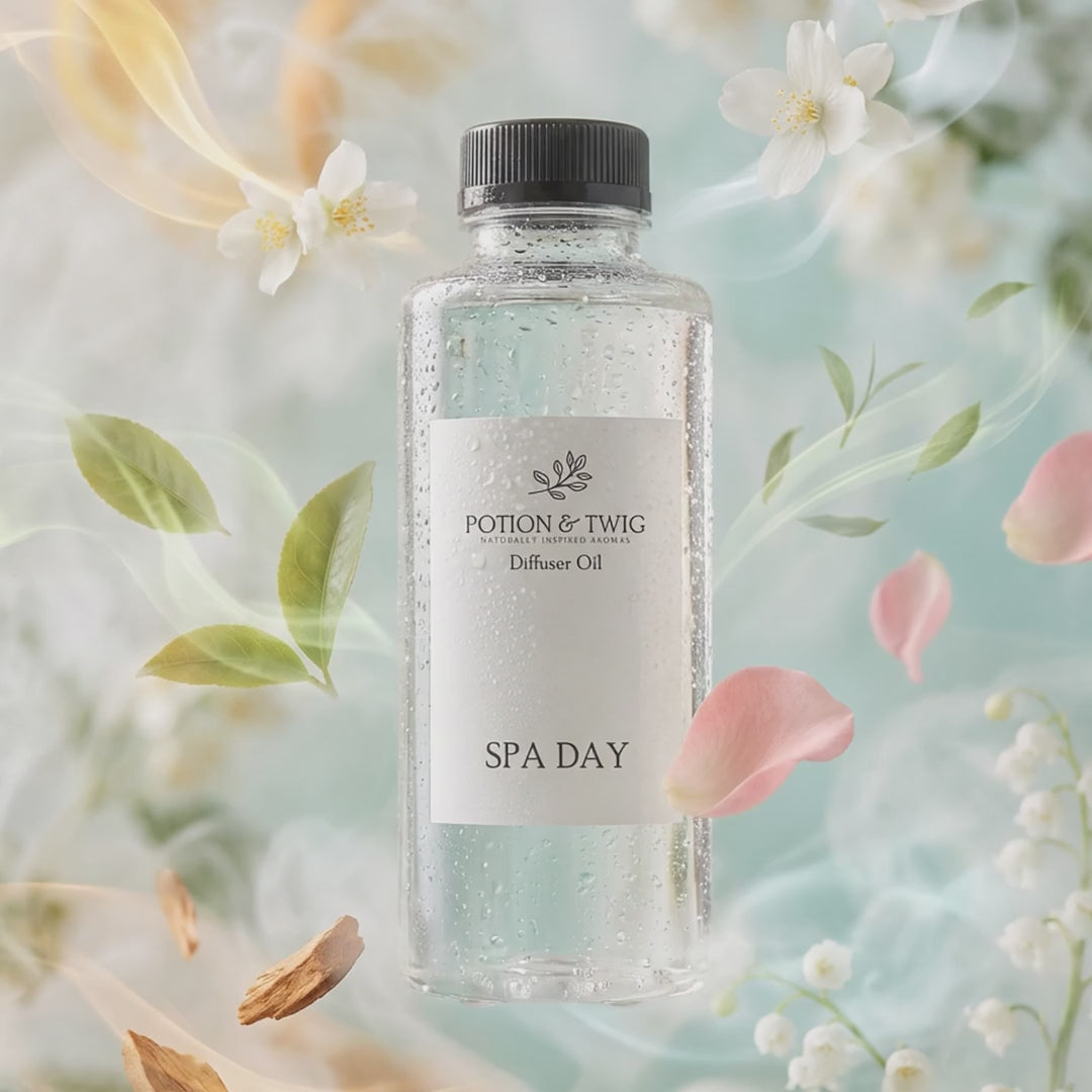 Video of a bottle of Spa Day Diffuser oil with the fragrance notes swirling around it