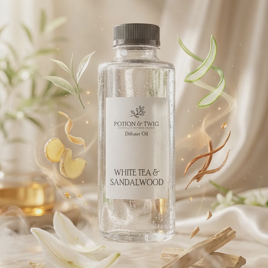 Video of fragrance notes around bottle of White Tea & Sandalwood diffuser oil