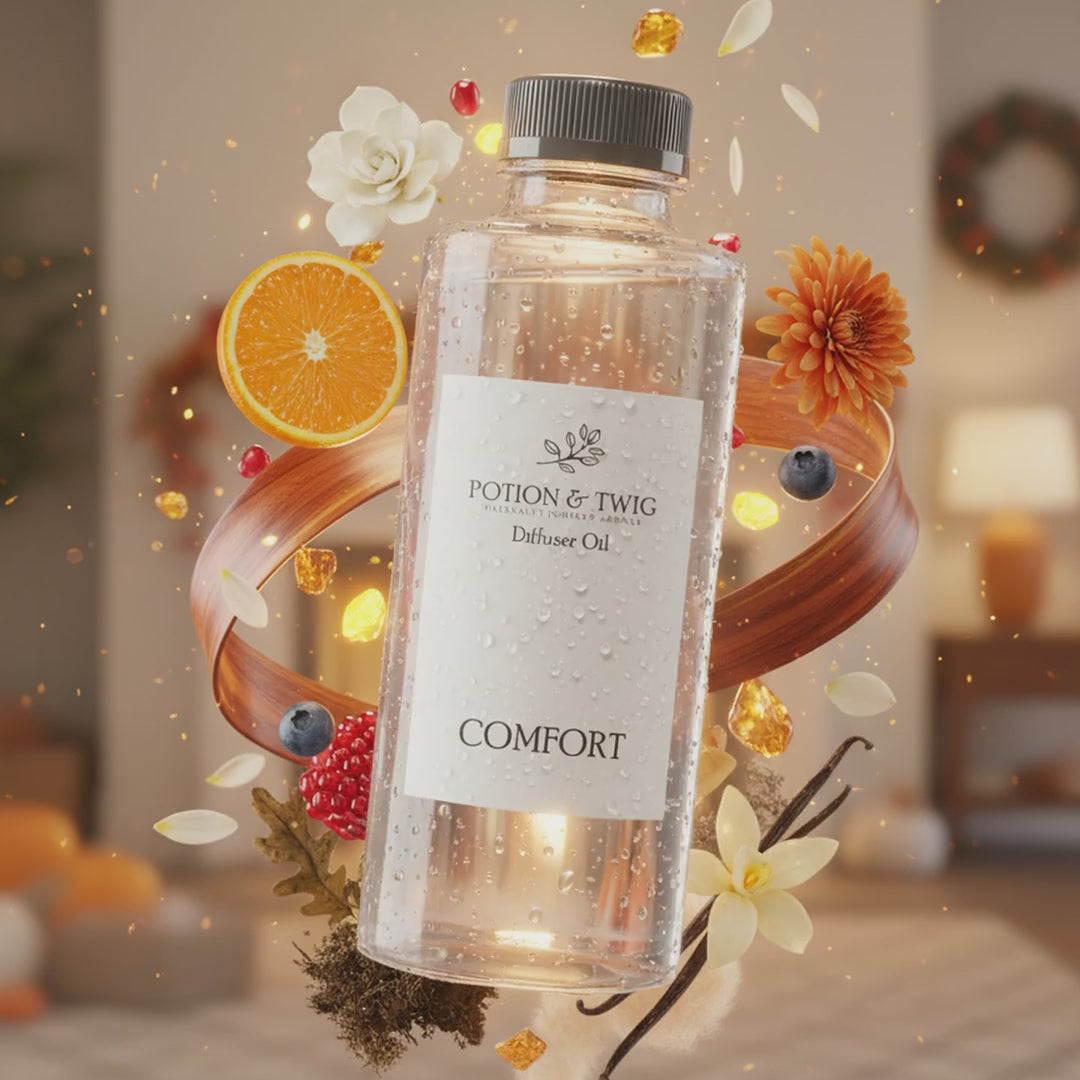 Video of fragrance notes around bottle of Comfort diffuser oil