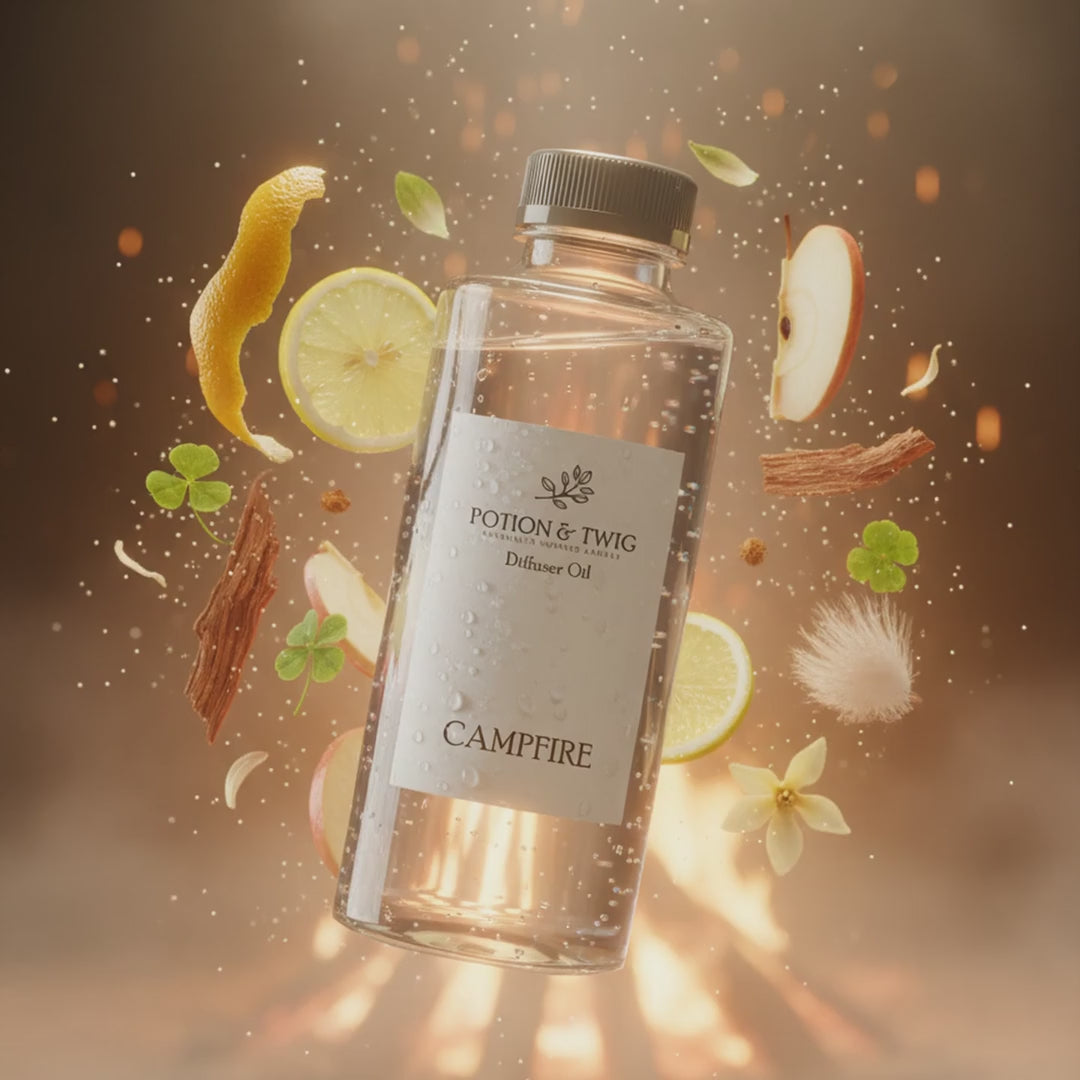 Video of fragrance notes around bottle of Campfire diffuser oil