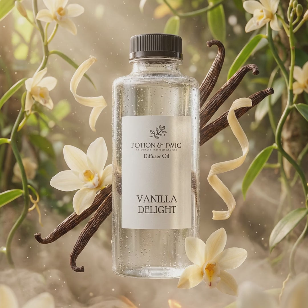 Video of fragrance notes around bottle of Vanilla Delight diffuser oil