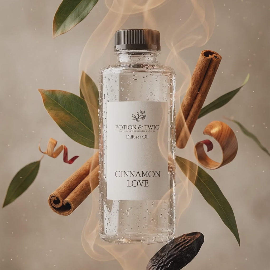 Video of fragrance notes around bottle of Cinnamon Love diffuser oil