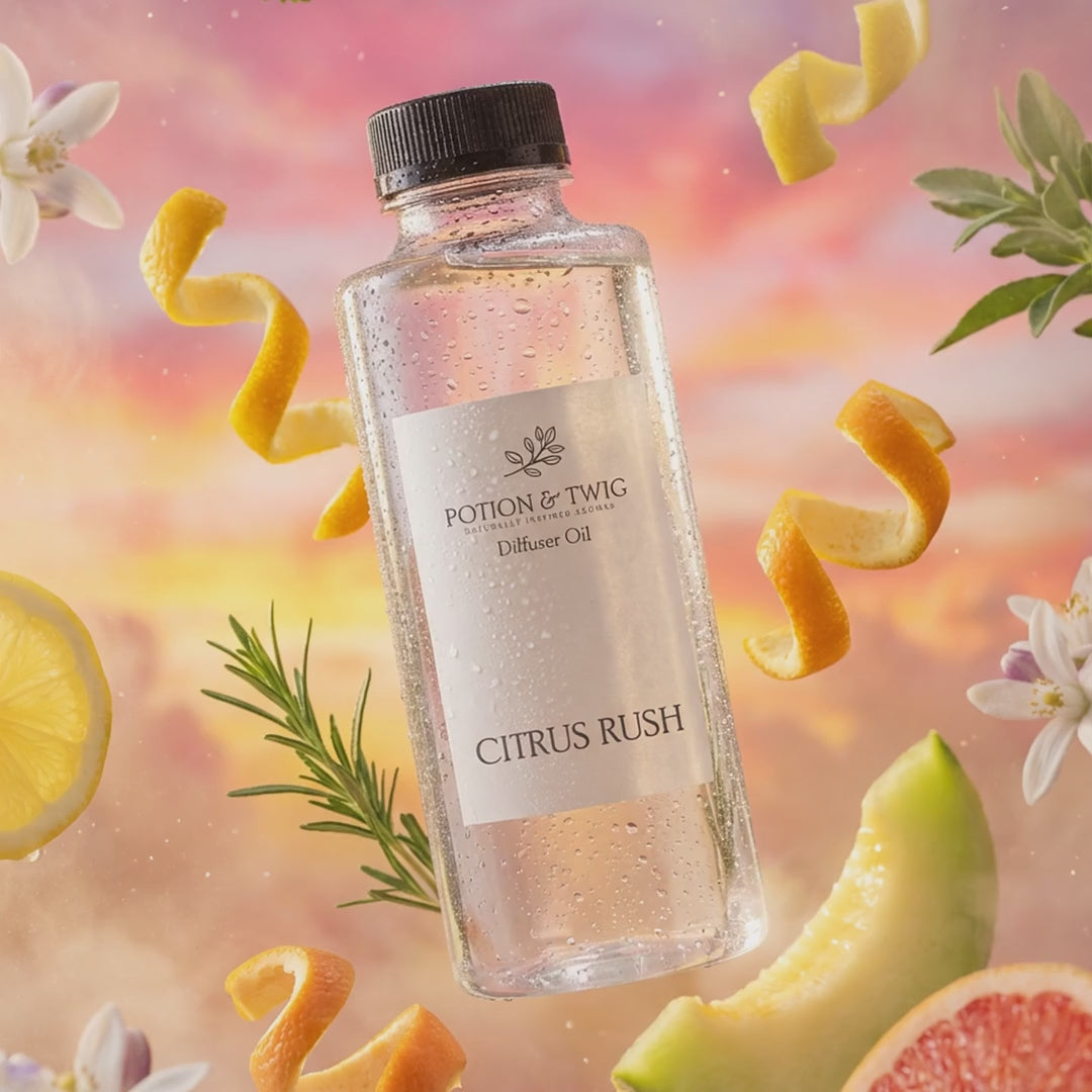 Video of fragrance notes around bottle of Citrus Rush diffuser oil
