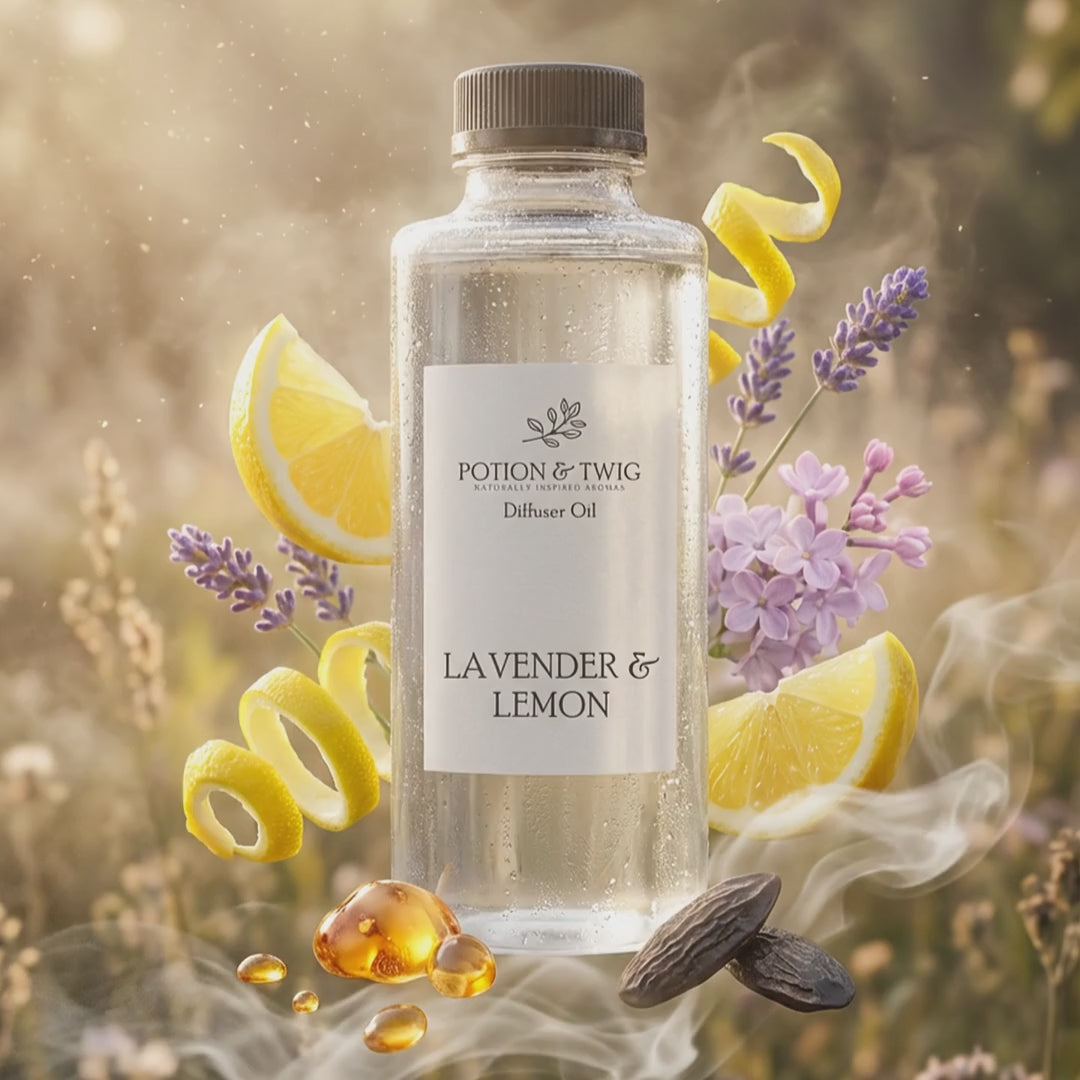 Video of fragrance notes around bottle of Lavender & Lemon diffuser oil