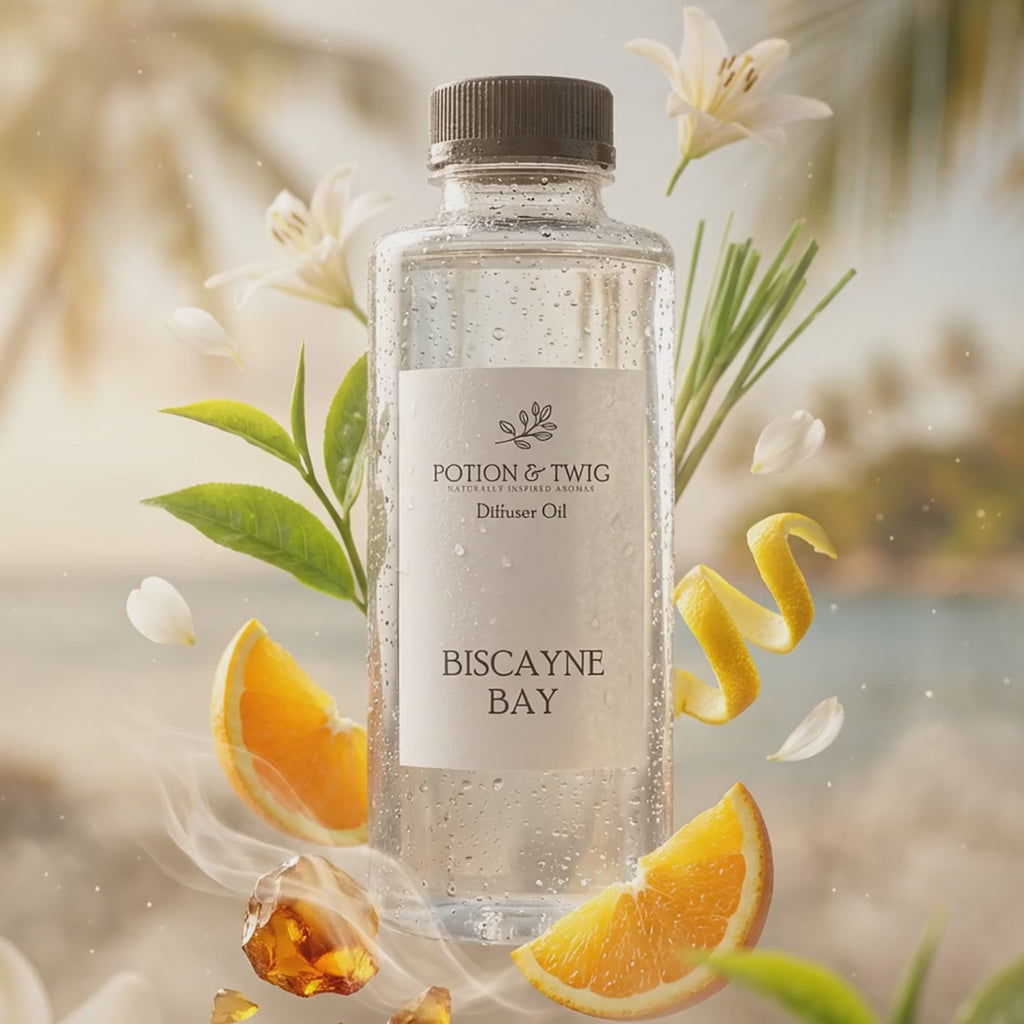 Video of fragrance notes around bottle of Biscayne Bay diffuser oil
