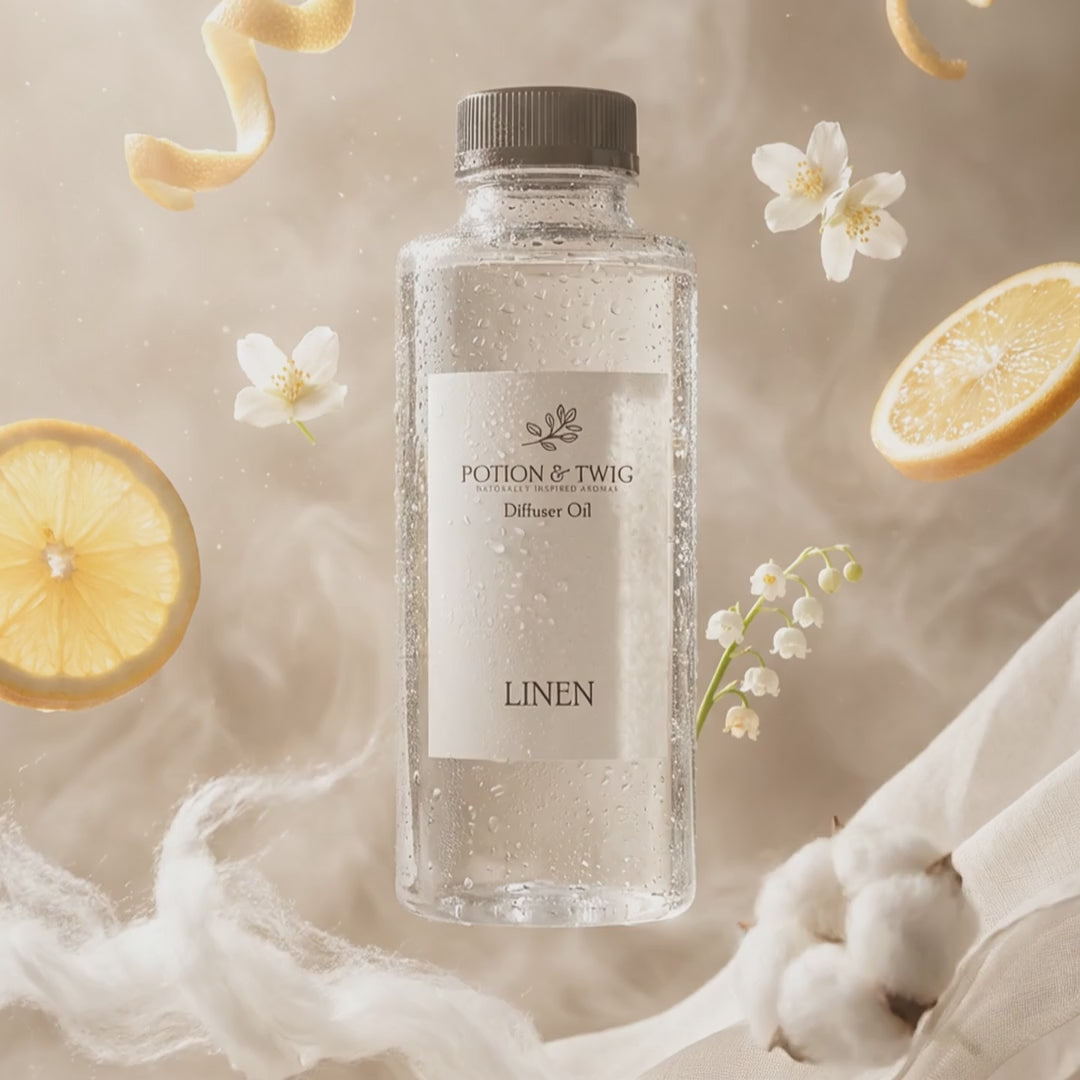 Video of fragrance notes around bottle of Linen diffuser oil