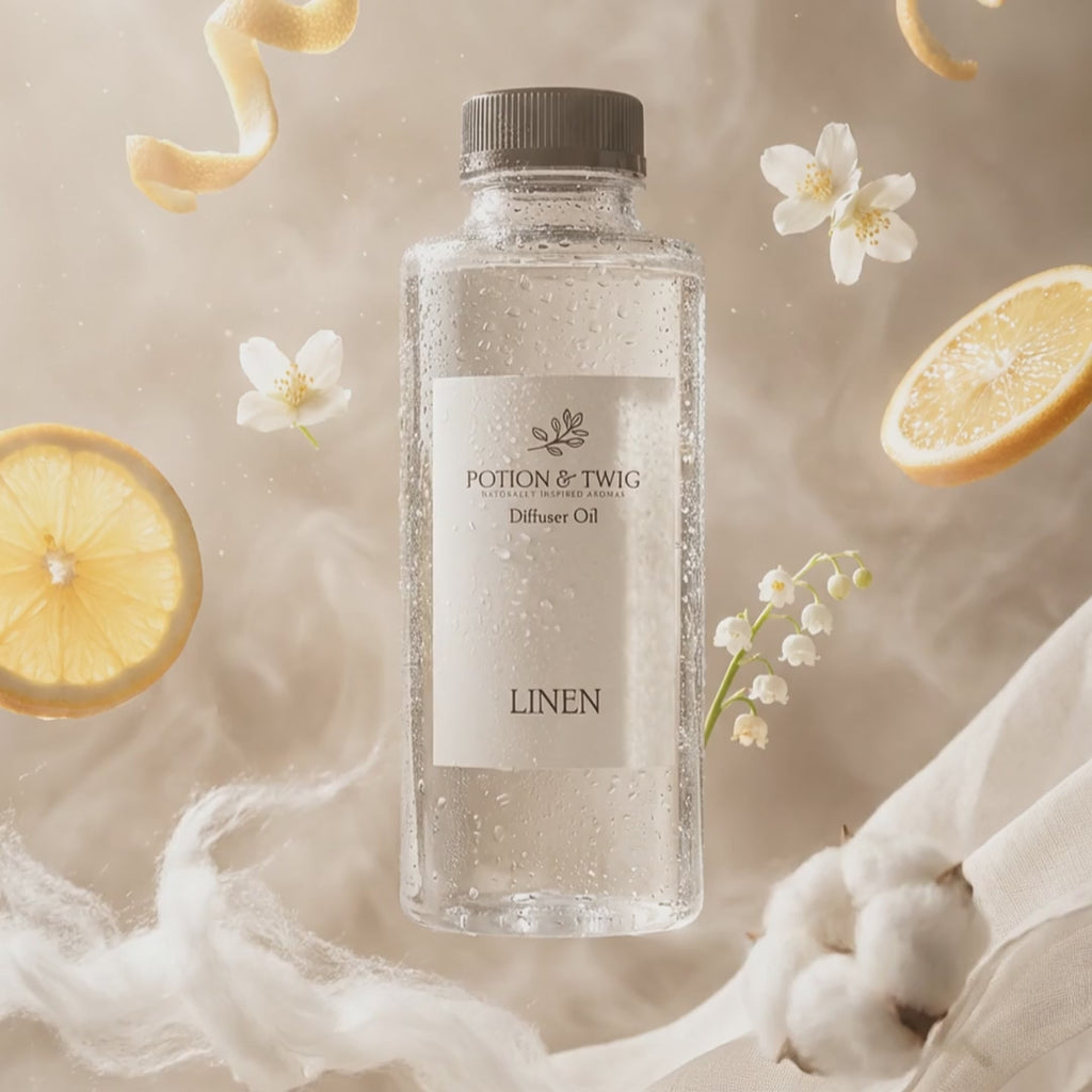 Video of fragrance notes around bottle of Linen diffuser oil