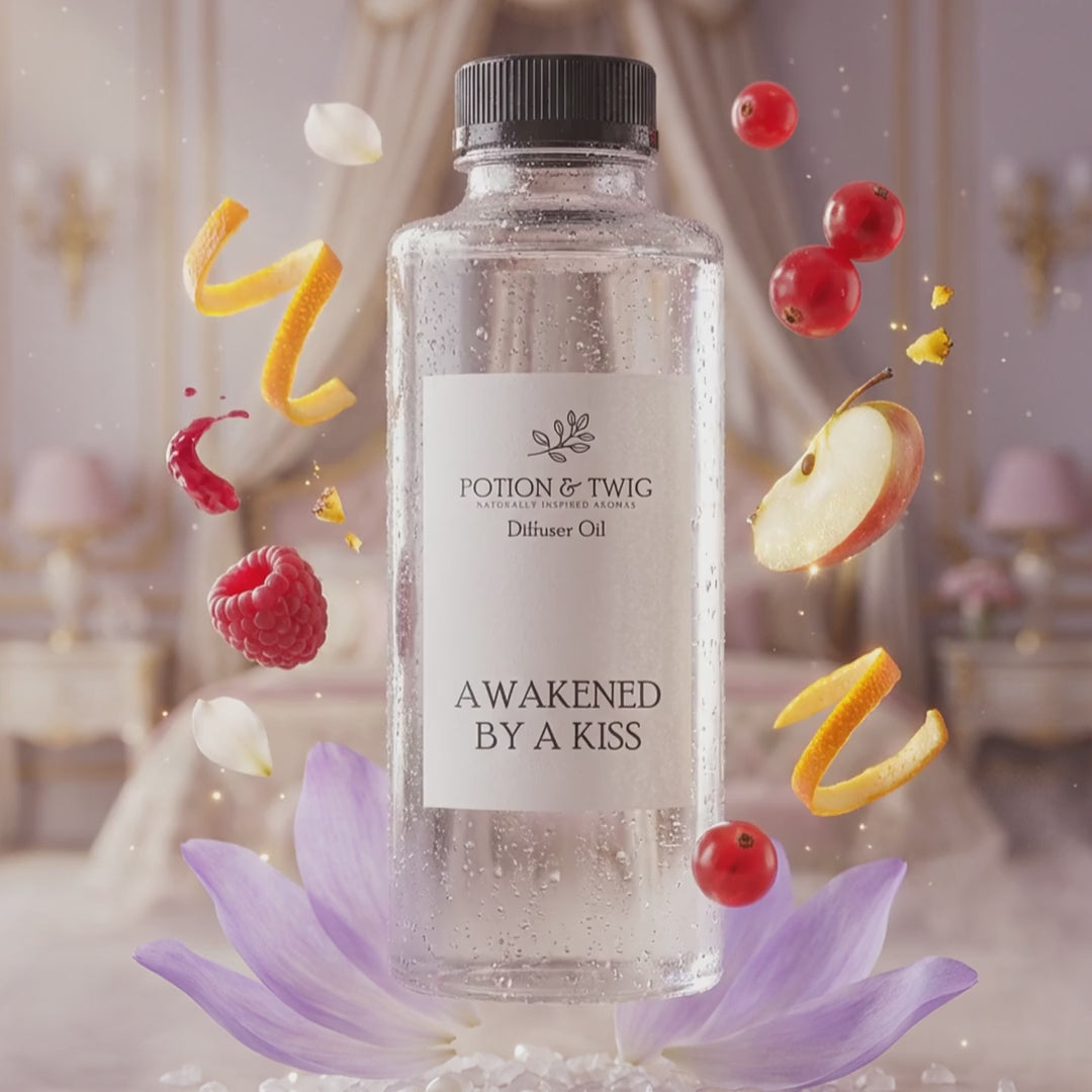 Video of fragrance notes around bottle of Awakened By A Kiss diffuser oil