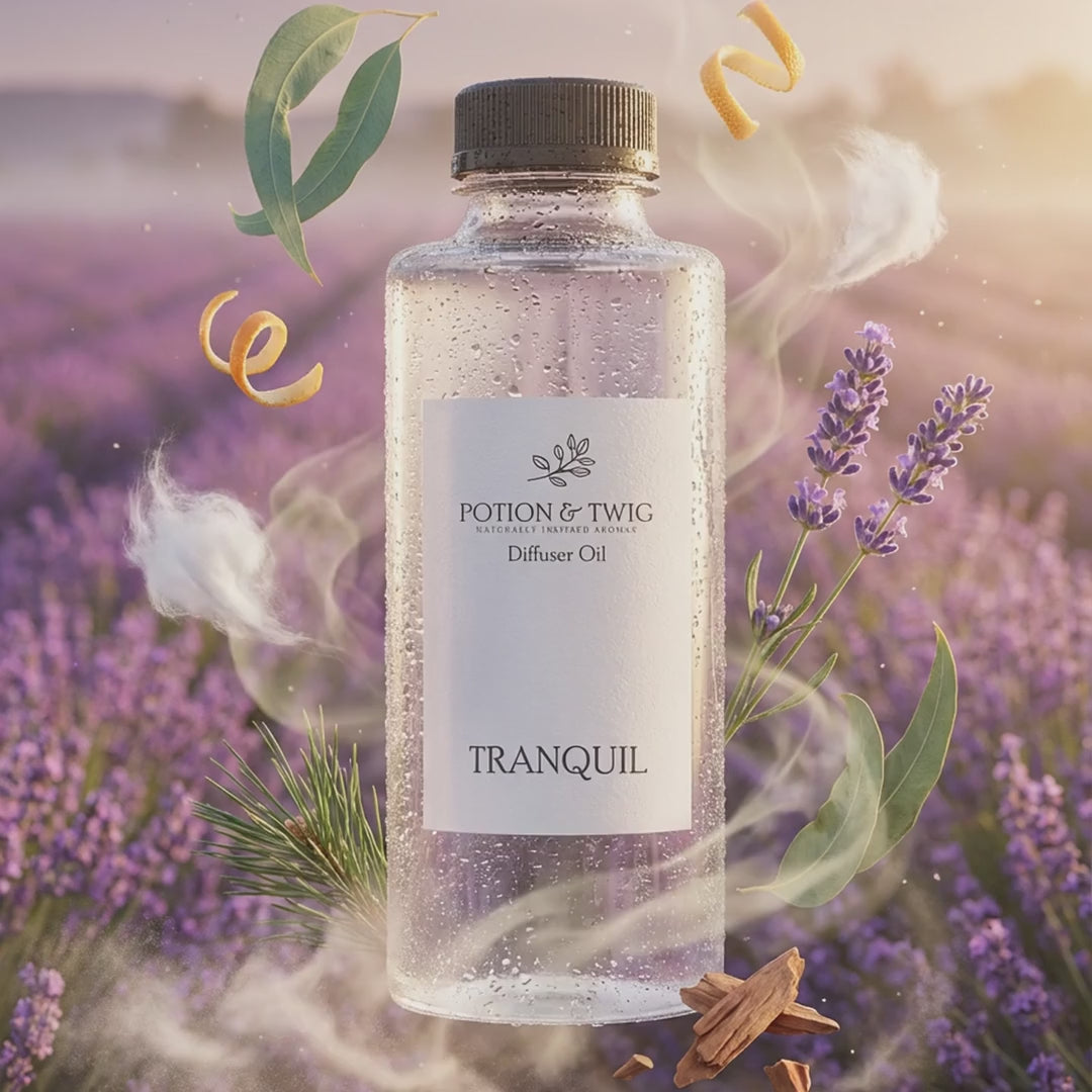 Video of fragrance notes around bottle of Tranquil diffuser oil