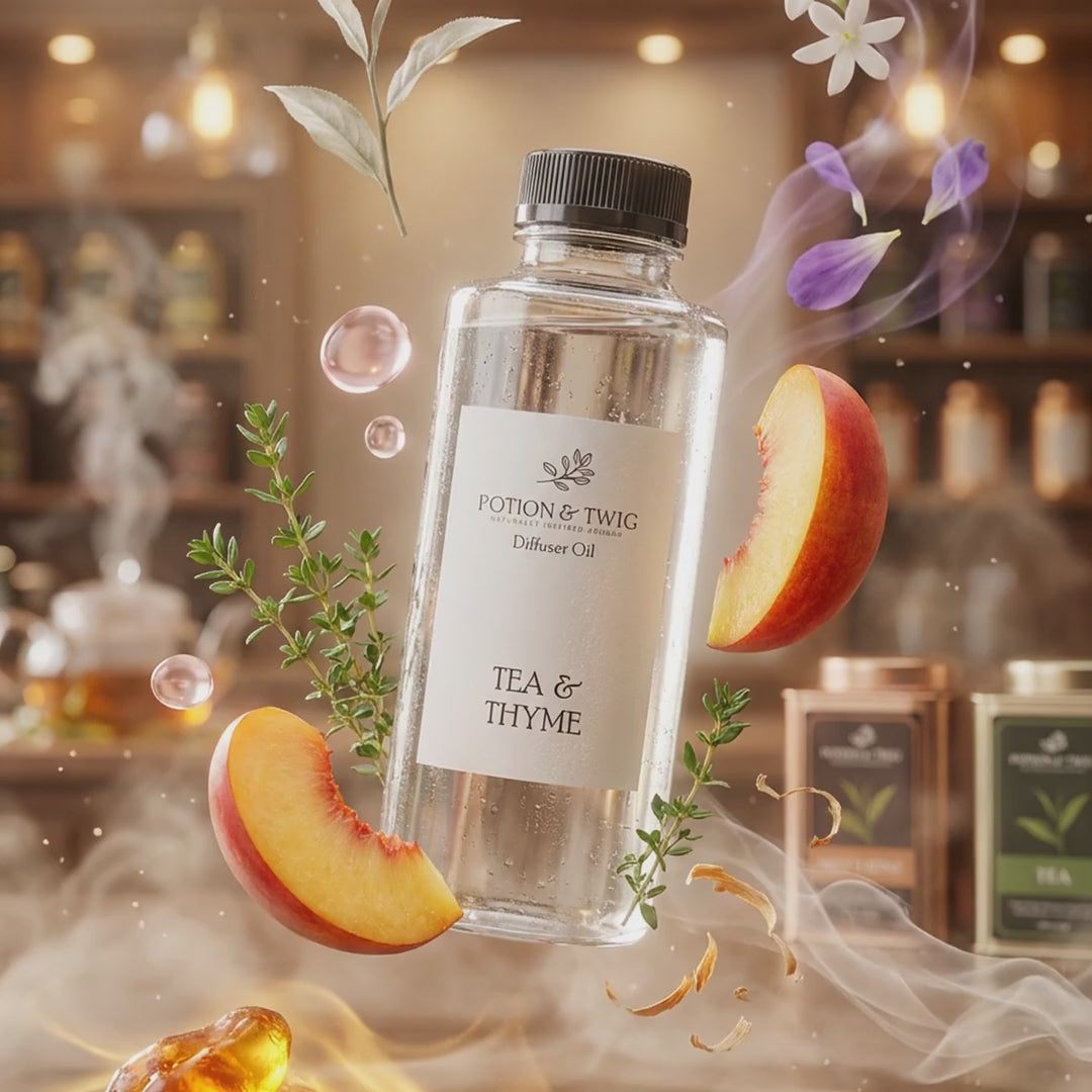 Video of fragrance notes around bottle of Tea & Thyme diffuser oil