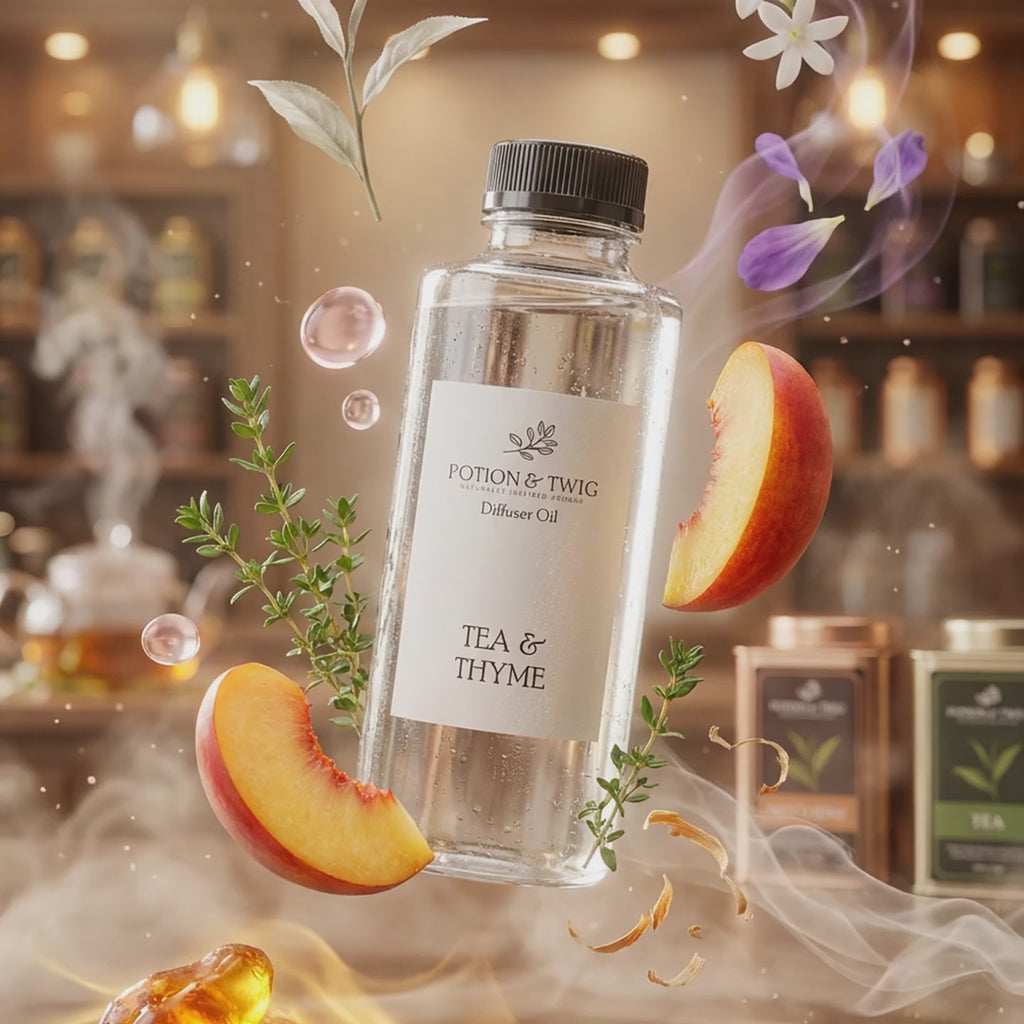 Video of fragrance notes around bottle of Tea & Thyme diffuser oil