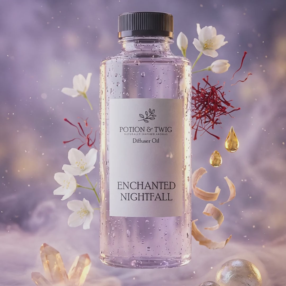 Video of fragrance notes around bottle of Enchanted Nightfall diffuser oil