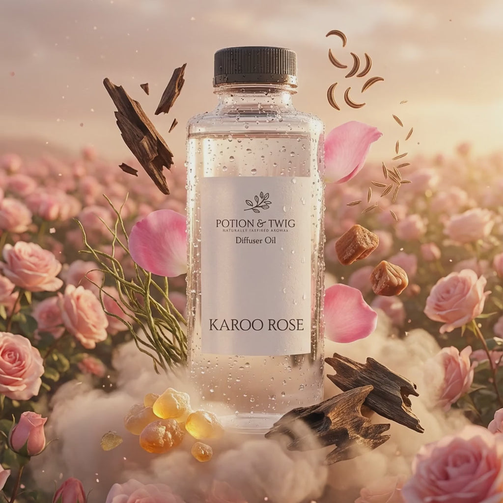 Video of fragrance notes around bottle of Karoo Rose diffuser oil