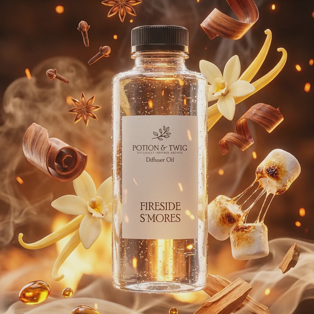Video of fragrance notes around bottle of Fireside S'mores diffuser oil