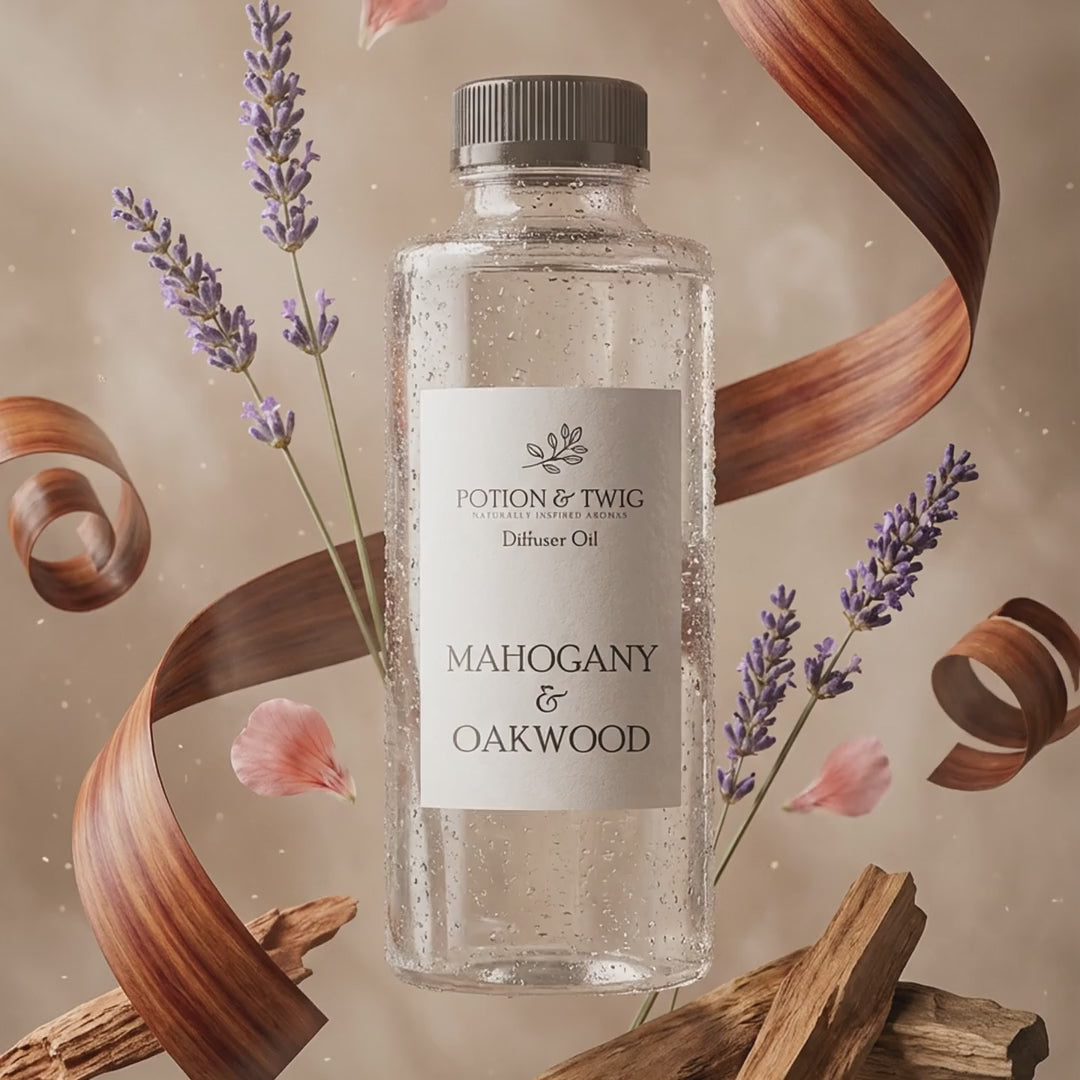 Video of fragrance notes around bottle of Mahogany & Oakwood diffuser oil
