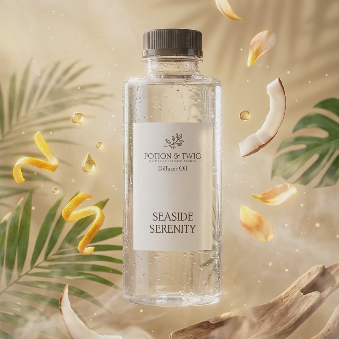 Video of fragrance notes around bottle of Seaside Serenity diffuser oil