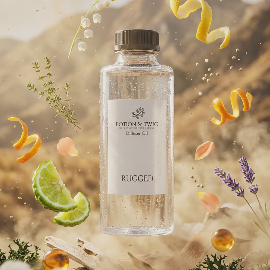 Video of fragrance notes around bottle of Rugged diffuser oil