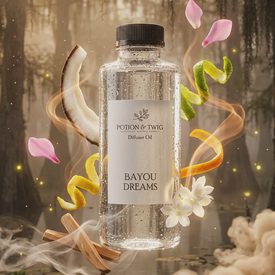 Video of fragrance notes around bottle of Bayou Dreams diffuser oil