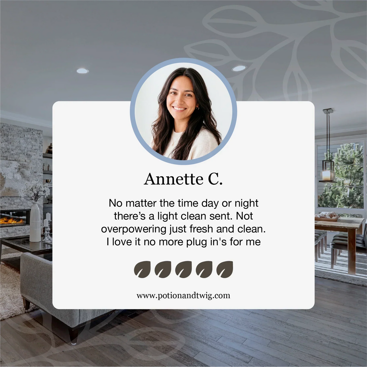 Retreat testimonial graphic with a customer's portrait and review about a light, clean, fresh scent