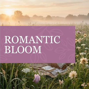 Romantic Bloom Bundle shown as a mauve floral-patterned banner with white lettering over a wildflower meadow