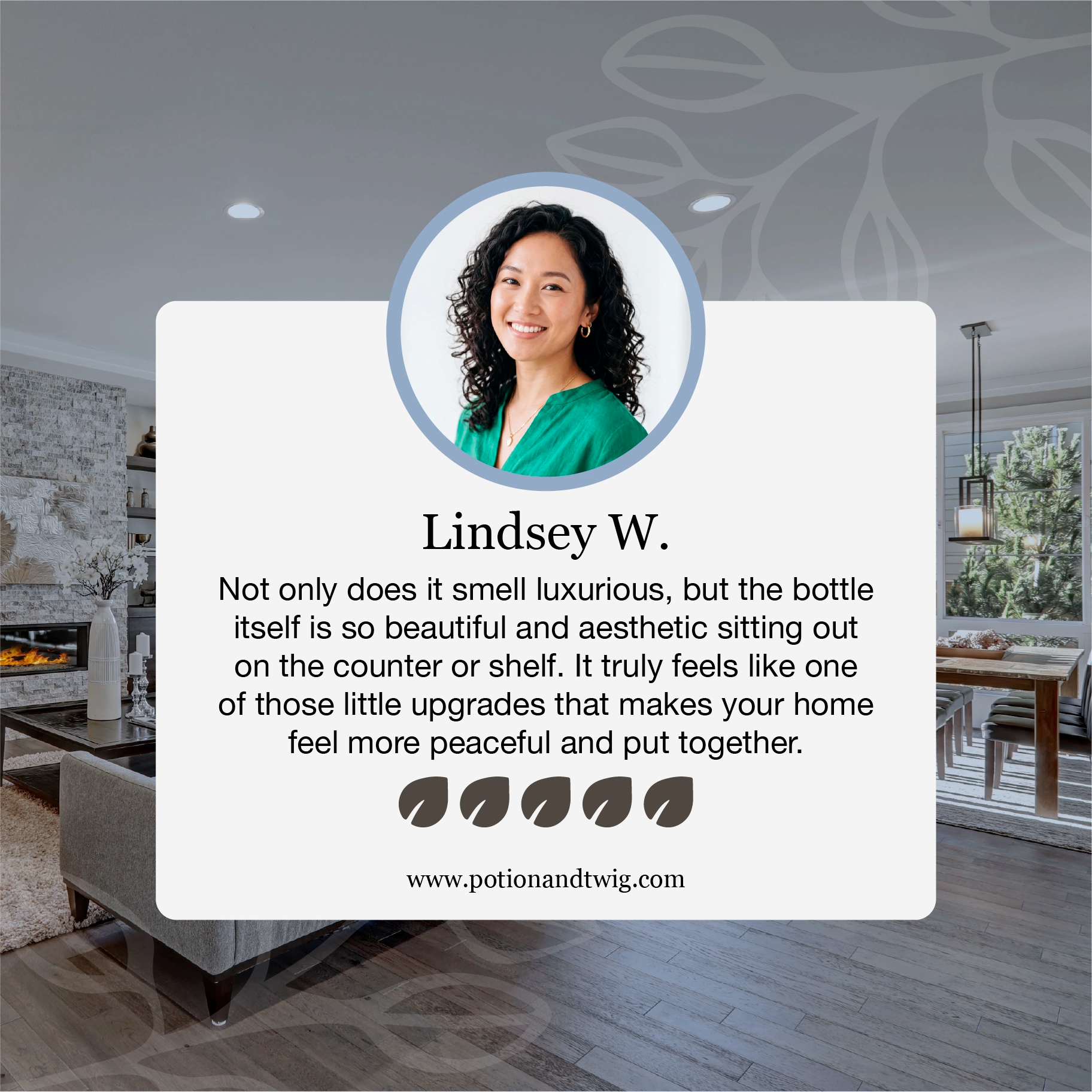 Woman's face in a circular inset with a review text overlay on a blurred interior background