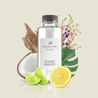 Seaside Serenity fragrance with green, citrus, coconut, floral, driftwood, musk, and woods notes evoking calm coastal air