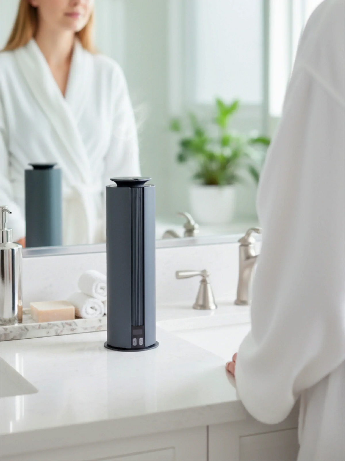 Spire Diffuser in a slim dark charcoal tower design, with a smooth finish and subtle vertical side detailing