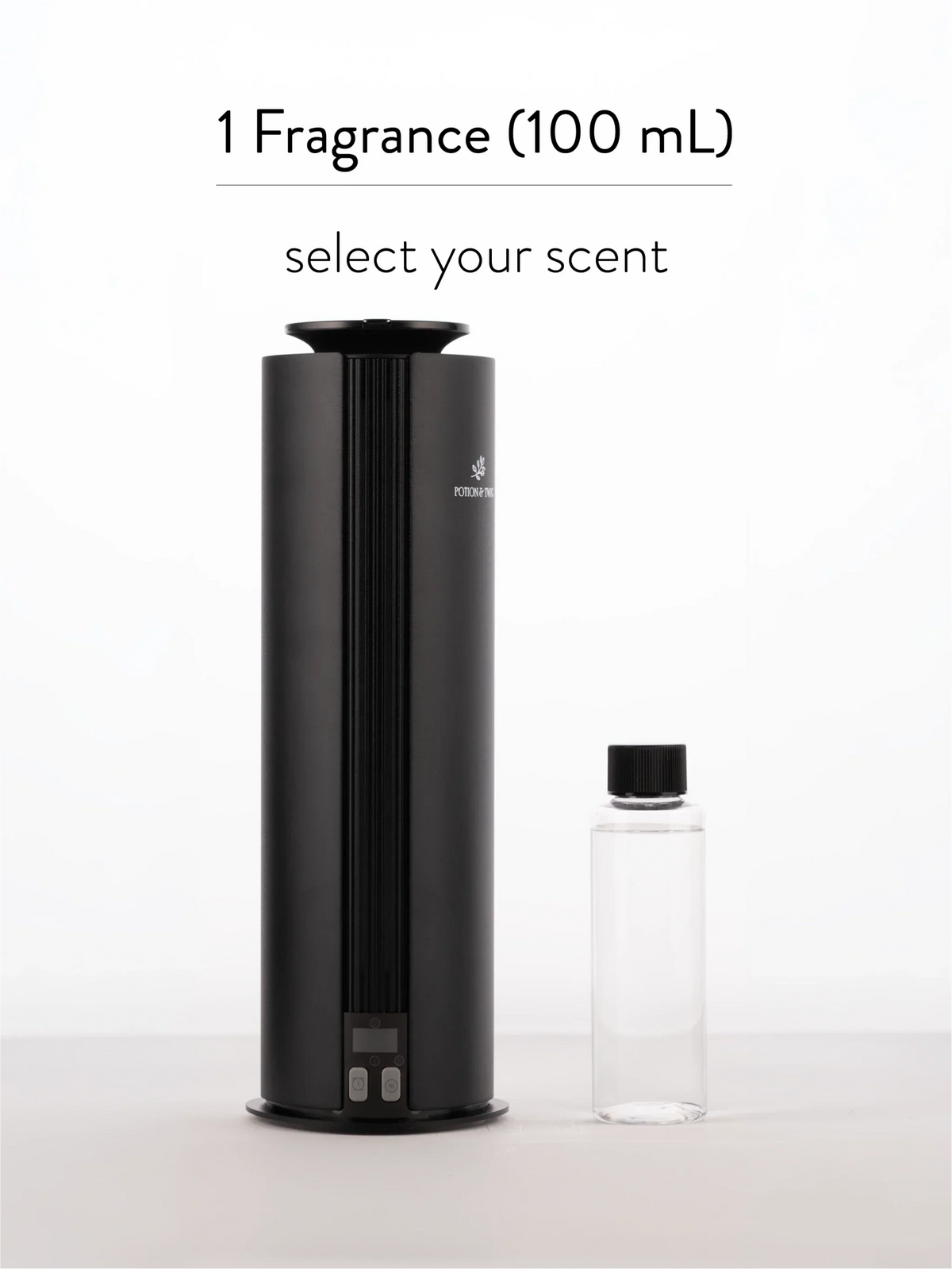 Spire Smart Aroma Diffuser in black with a tall cylindrical design, shown beside a clear 100 mL fragrance bottle