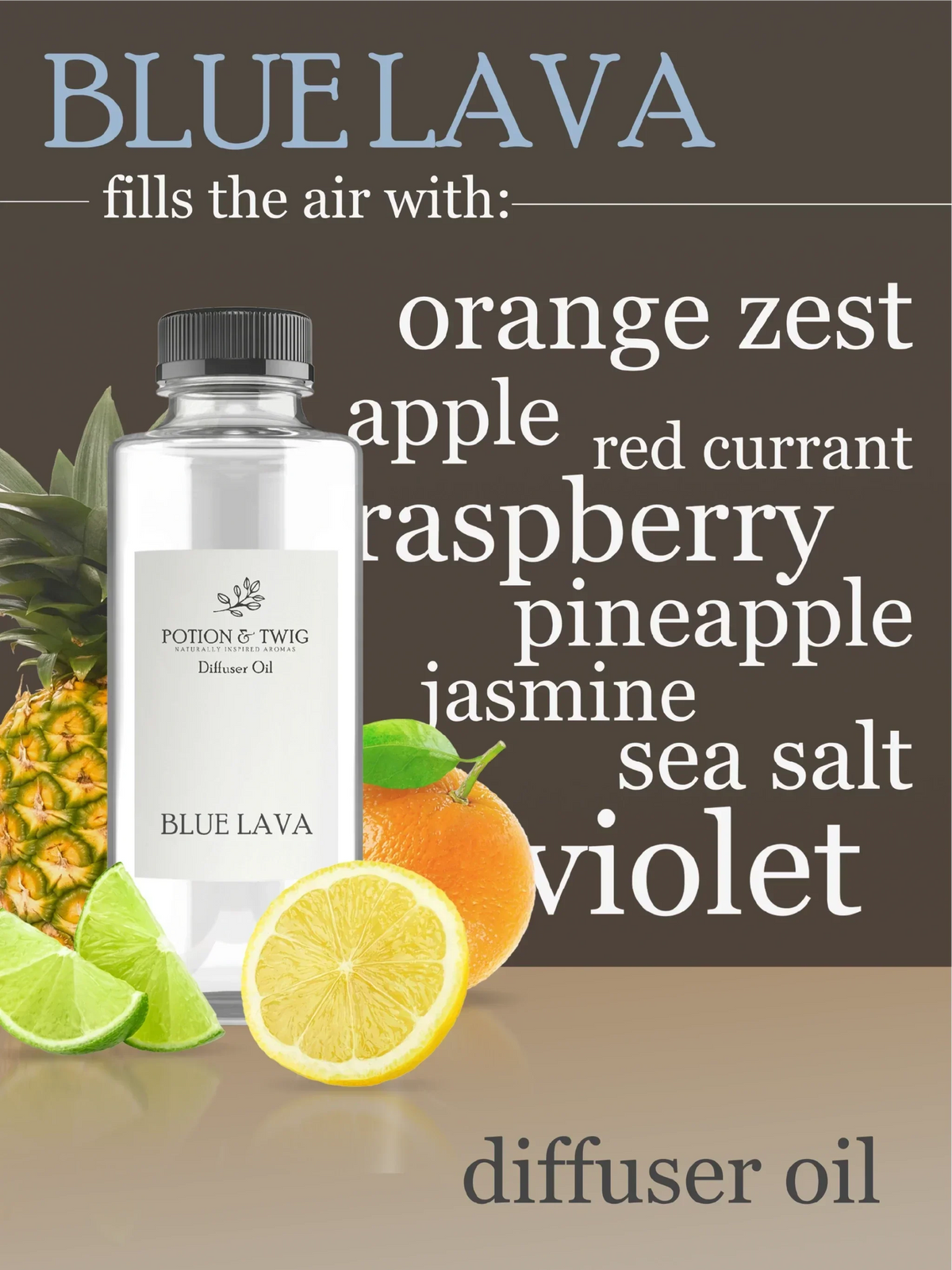 Spire Starter Pack features a clear diffuser oil bottle labeled Blue Lava, with white labeling and citrus fruit around it.