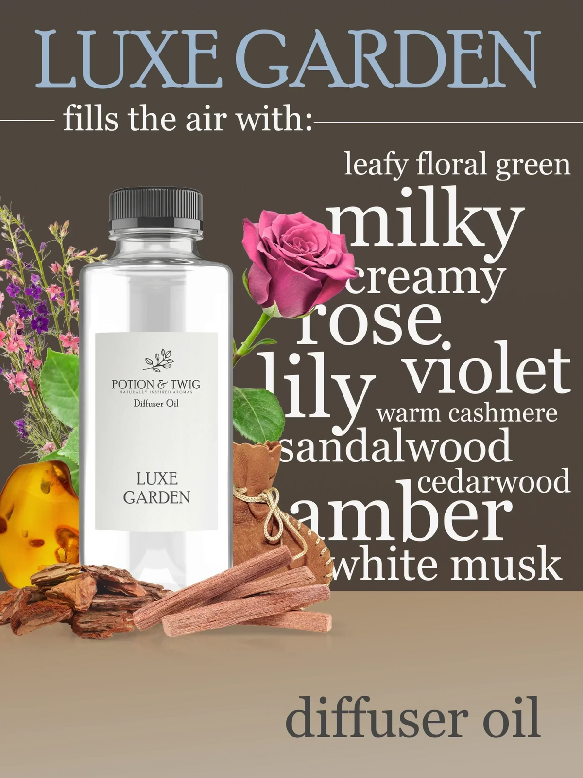 Spire Starter Pack featuring a glass diffuser oil bottle with a black cap, rose, violet, sandalwood and amber fragrance text