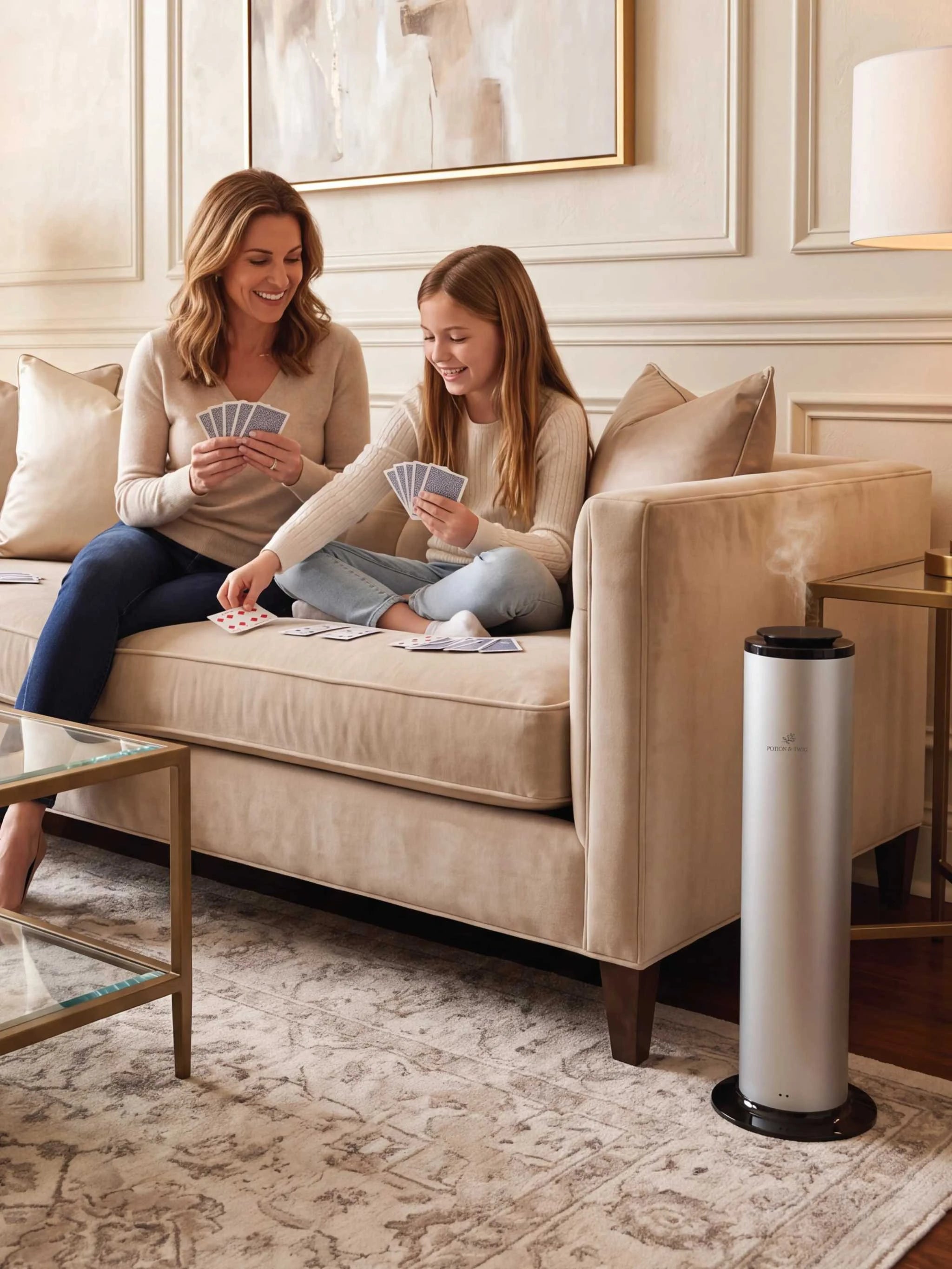 A woman and a girl sitting on a beige sofa playing card games in a living room, with a silver and black standing diffuser emitting fragrance on the rug next to them.