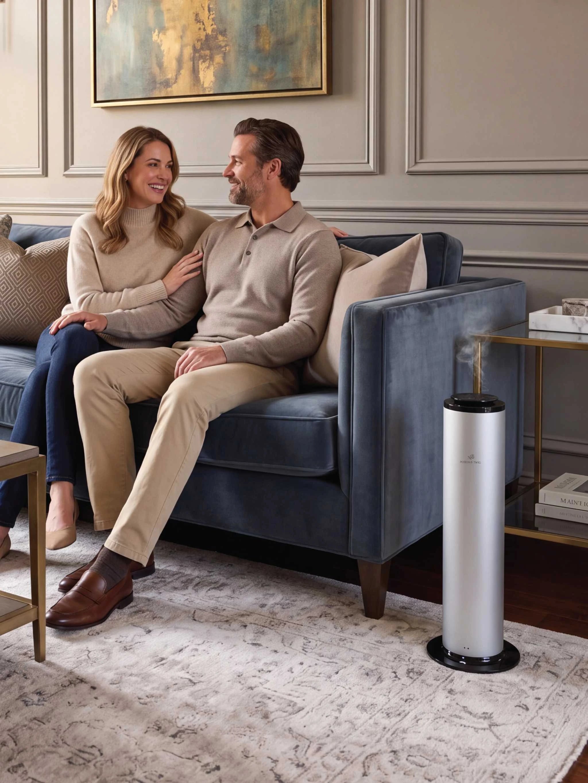 a husband and wife sitting on a blue couch in a luxury living room with a potion and twig terra diffuser next to the couch diffusing a cold air mist into the room