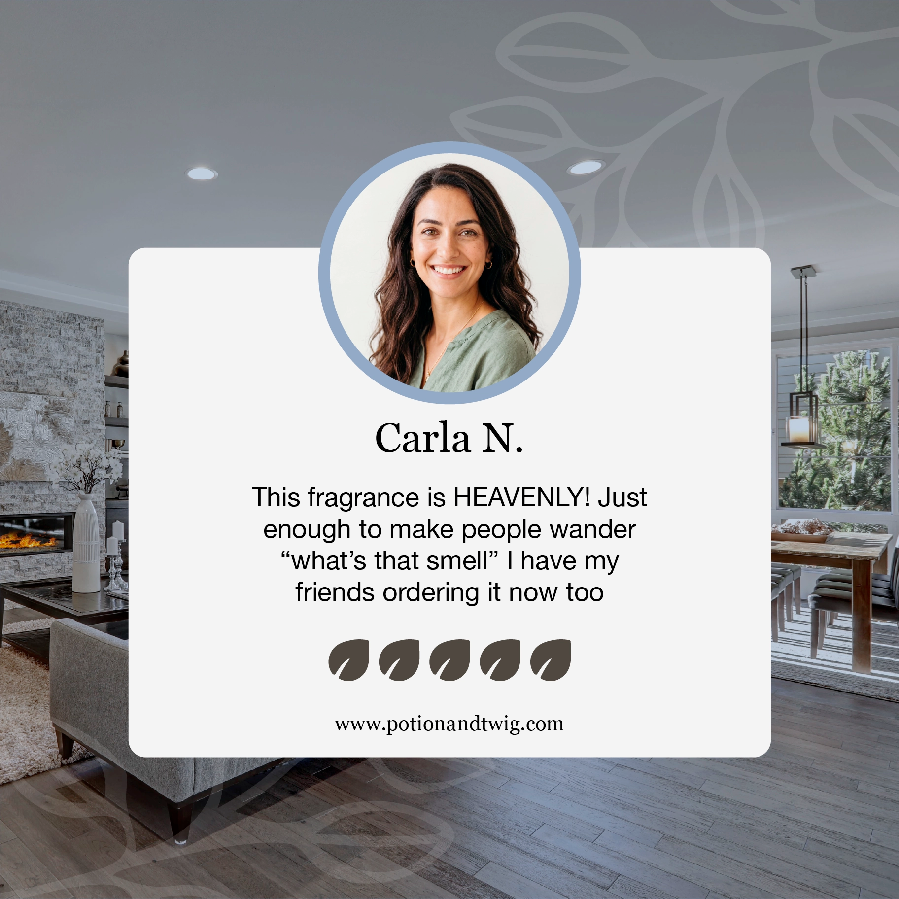Woman with long hair in a living room setting, with text about a fragrance